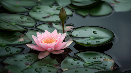 Beautiful pink water lily or lotus flower with leaves in a pond. Water lily is peacefully floating on the surface of a pond
