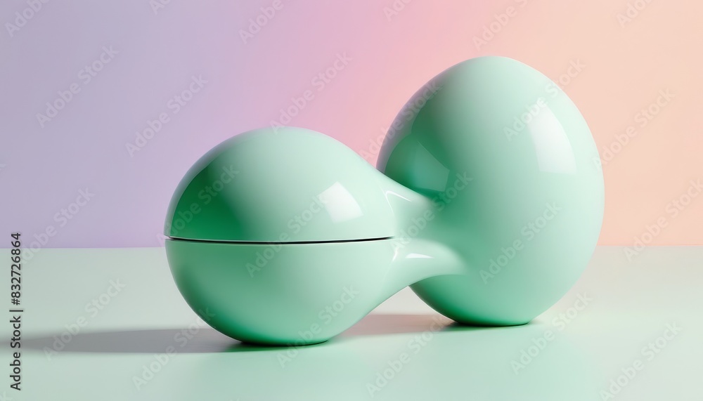 Poster a sleek, modern green sculpture with a glossy surface is set against a pastel gradient background, c