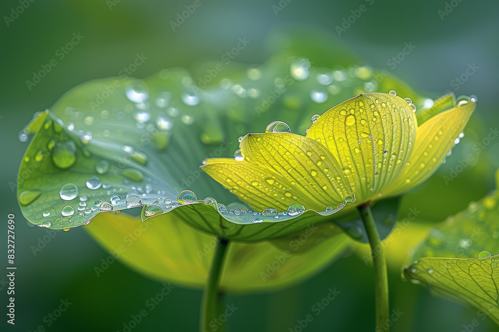 Poster macro image of a lotus leaf, with perfectly round dewdrops creating a mesmerizing pattern,
