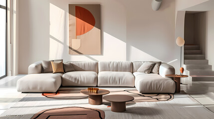 A living room with a white couch, a coffee table, and a chair, minimalistic wall art