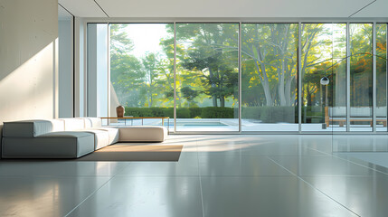 Fototapeta premium A large open living room with a white couch and a rug