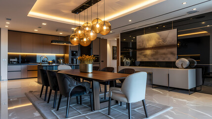 A large dining room with a long table and many chairs
