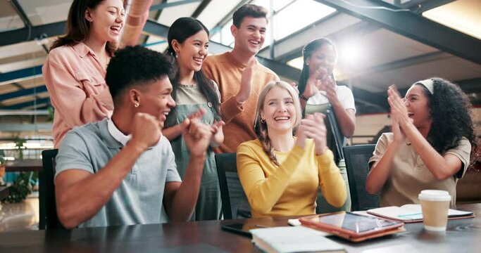 Excited, creative people and high five with tablet in celebration for good news, winning or team promotion at office. Group of happy employees clapping or applause in congratulations for startup