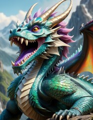 Fototapeta premium A magnificent fantasy dragon with vivid scales and piercing eyes stands against a backdrop of lush, mountainous terrain. The dragon's fierce expression and intricate details make it a captivating and