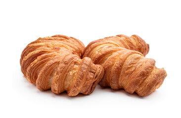 Traditional french croissant with caramel filling isolated on white background