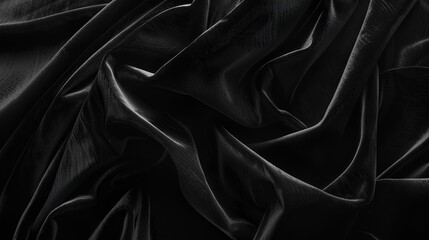 Fototapeta premium Black velvet fabric background, texture of black silk cloth with folds, abstract wallpaper 