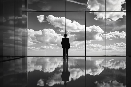 Man in front of large window