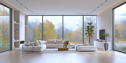Minimalist living room with a clean design, comfortable seating, and large windows