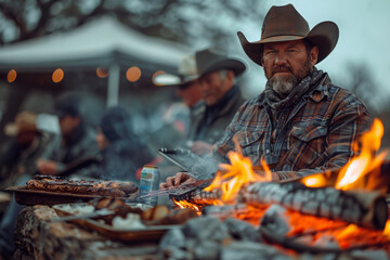 Fototapeta premium A ranch cookout with cowboys grilling over an open fire and enjoying the evening together,