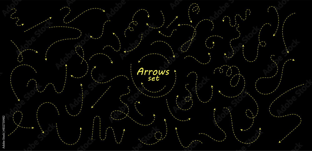 Poster set of hand drawn thin dash line arrows. collection of curved pointers. yellow dot vector pointers p