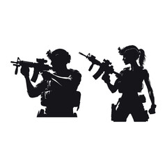 Vector soldiers with guns and backpacks silhouette design template illustration