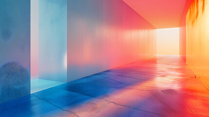 Symmetrical hallway painted in vibrant magenta and electric blue, casting shadows on the rectangular flooring. Art decorates the walls, with light peeking through the colorful tints and shades