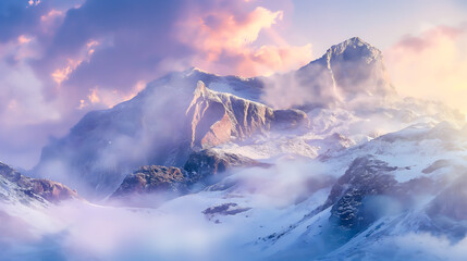 Panorama of a colorful tall rocky mountain covered in white smoke, Colorful snow mountains in sunny day	