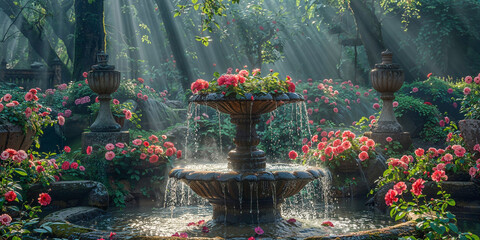 A mystical English secret garden with red and pink flowers and a fountain.