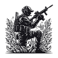 Vector soldiers with guns and backpacks silhouette design template illustration