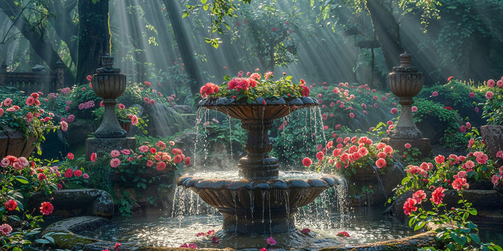 A magical English secret garden with red and pink flowers and a fountain.