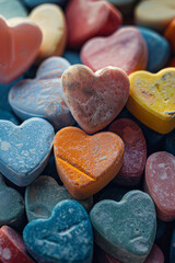 Obraz premium A pile of heart-shaped pills in various pastel colors, forming a vibrant and cheerful composition,