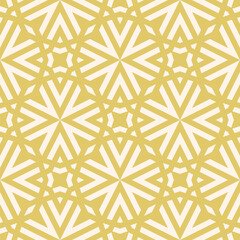 Vector golden geometric graphic texture. Elegant seamless pattern with lines, stars, arrows, grid, lattice, floral silhouettes. Simple abstract gold background. Modern repeated decorative geo design