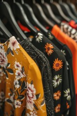 Assorted clothing on hangers displayed inside wardrobe closet for varied fashion choices