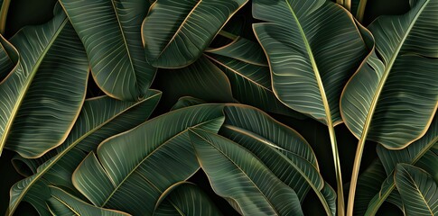 3D render of a seamless pattern with banana leaves in green and brown colors on a black background. AI generated illustration