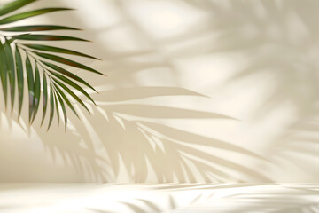 Blurred shadow from palm leaves on light cream wall. Minimalistic beautiful summer spring background for product presentation.