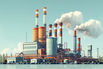 Obraz premium Factory with smokestacks and pipelines by a lake