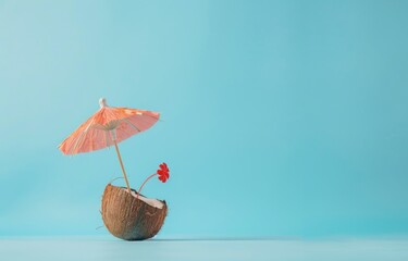 Tropical beach concept made of coconut fruit and miniature umbrella. Creative minimal summer idea.