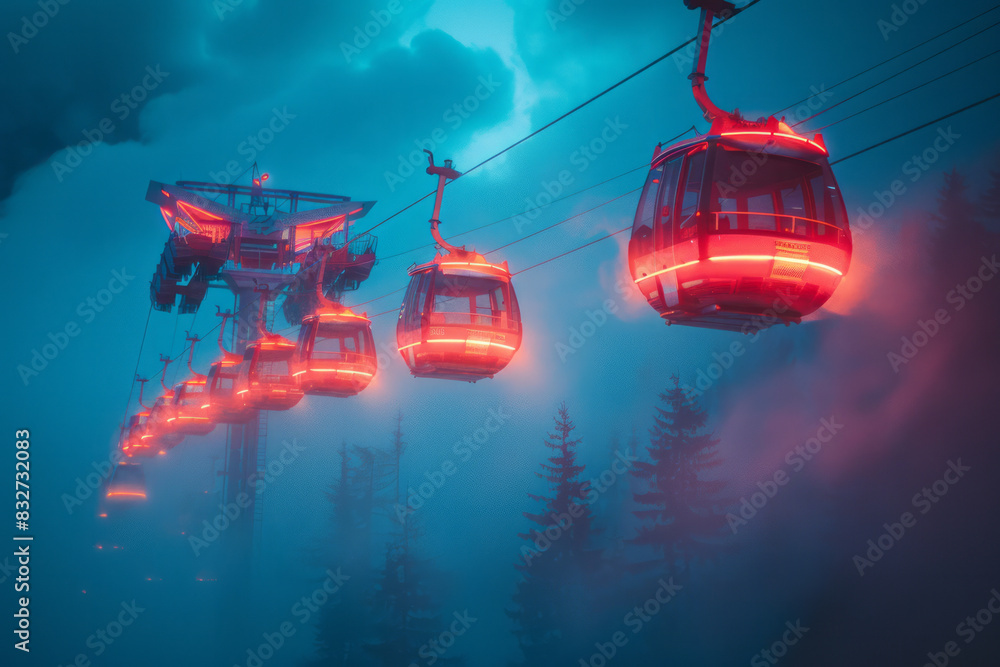 Poster a ferris wheel extending into the clouds, with cabins illuminated in rich shades of ruby and sapphir