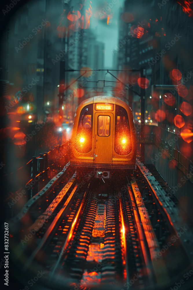 Poster a view from inside a metro train as it travels through a dark tunnel, with the lights flashing by,
