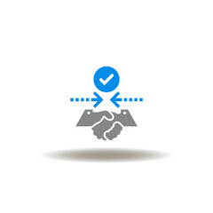 Vector illustration of handshake with arrows towards each other and check mark. Icon of trust. Symbol of success deal.
