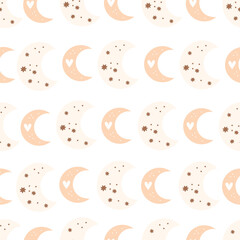 seamless pattern with cartoon moon, decor elements. Colorful vector flat style for kids. Space. hand drawing. baby design for fabric, print, wrapper, textile