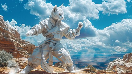 White humanoid cat in sporty attire, engaging in outdoor sports with a dynamic background