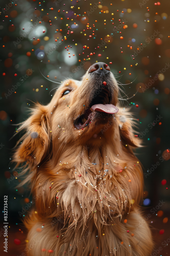 Aufkleber a playful image of a dog catching colorful sprinkles with its tongue in a sprinkle shower,