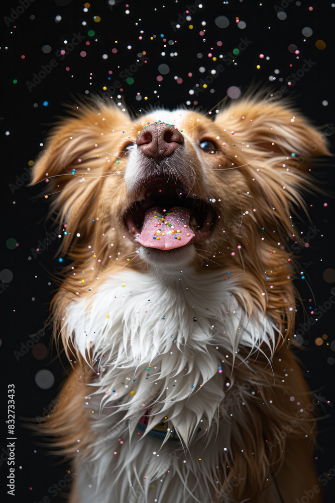 Poster a playful image of a dog catching colorful sprinkles with its tongue in a sprinkle shower,