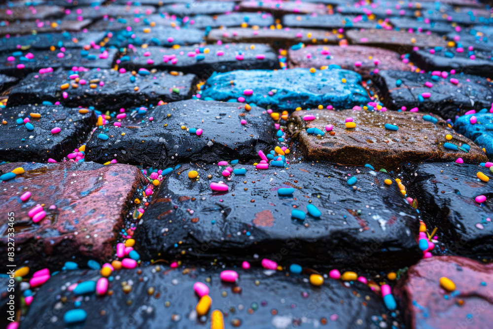 Poster Macro view of colorful sprinkles adorning a cobblestone path, creating a magical effect,