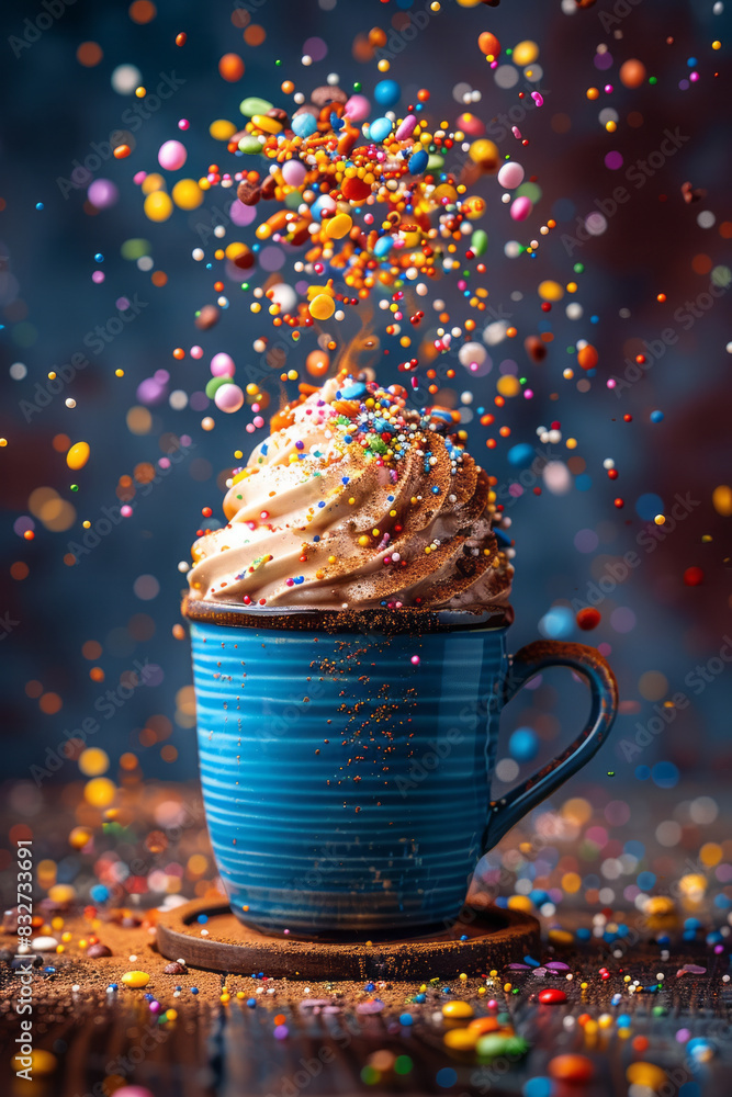 Poster Macro view of colorful sprinkles falling into a cup of hot cocoa, creating a magical effect,