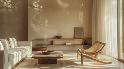 A living room with a tan wall and white furniture