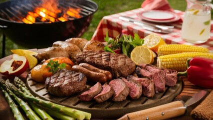 Labor day feast: a relaxed picnic setting with a variety of scrumptious meats and fresh vegetables laid out on a rustic wooden table, with a beautiful outdoor background.