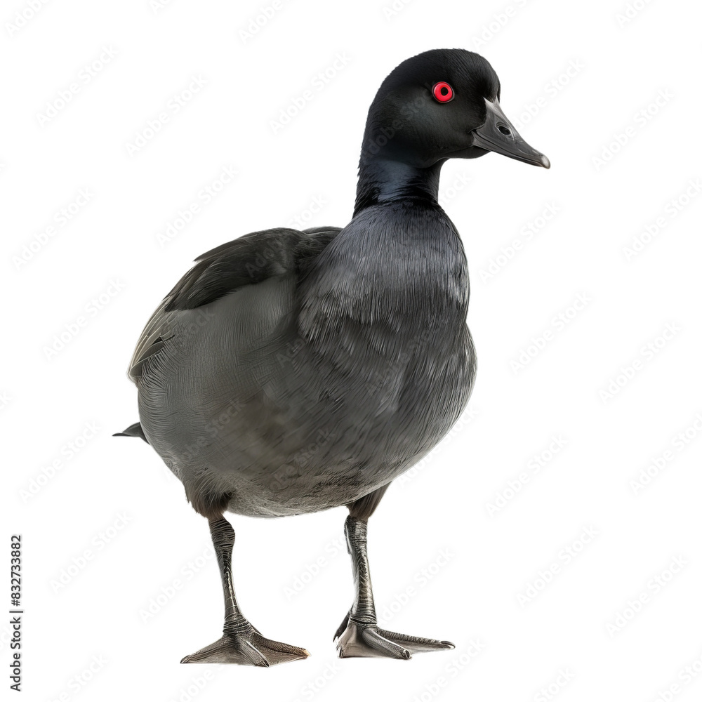 Poster detailed image of a black duck with distinctive red eyes standing isolated on a transparent backgrou