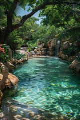 Naklejka premium A serene tropical lagoon with crystal-clear water, surrounded by lush greenery and vibrant flowers,