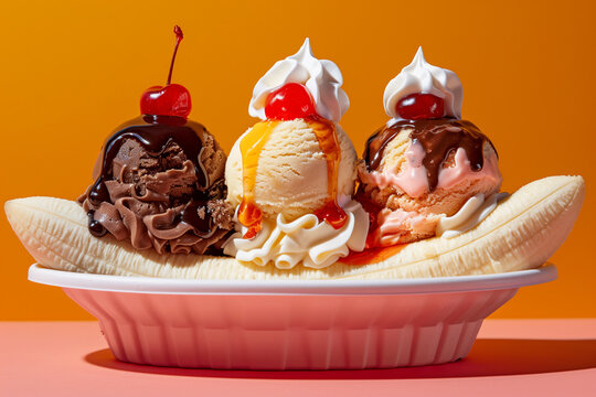 a banana split with three scoops of ice cream&mdash;chocolate, vanilla, and strawberry&mdash;topped with whipped cream, syrups, and cherries on a white dish against an orange background