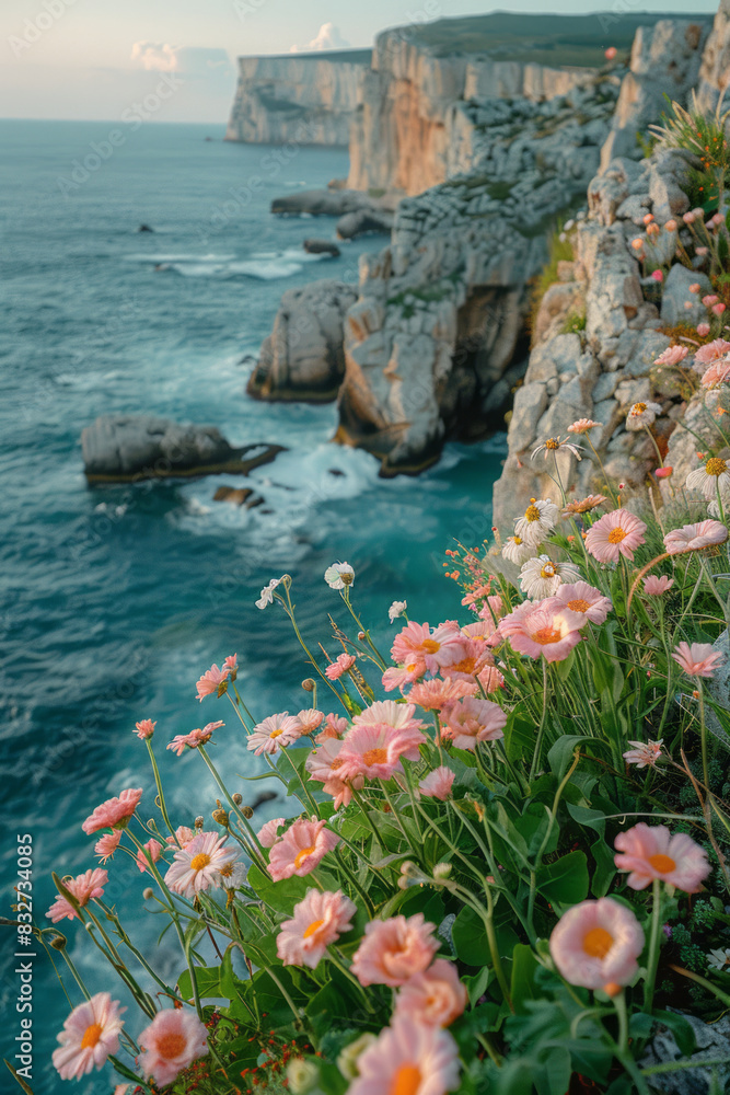 Poster a tranquil seaside cliff with wildflowers in bloom and waves crashing gently below,