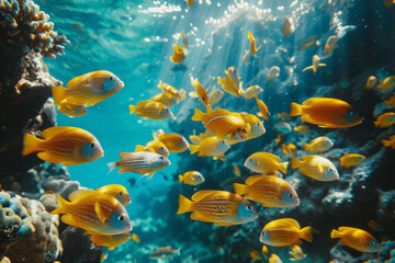 Fototapeta premium A tropical paradise with brightly colored coral reefs and schools of fish swimming in crystal-clear water,