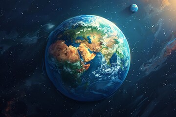 Planet close up, sun background