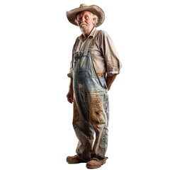 Full body portrait of an elderly man in dirty overalls and hat, isolated on a transparent background
