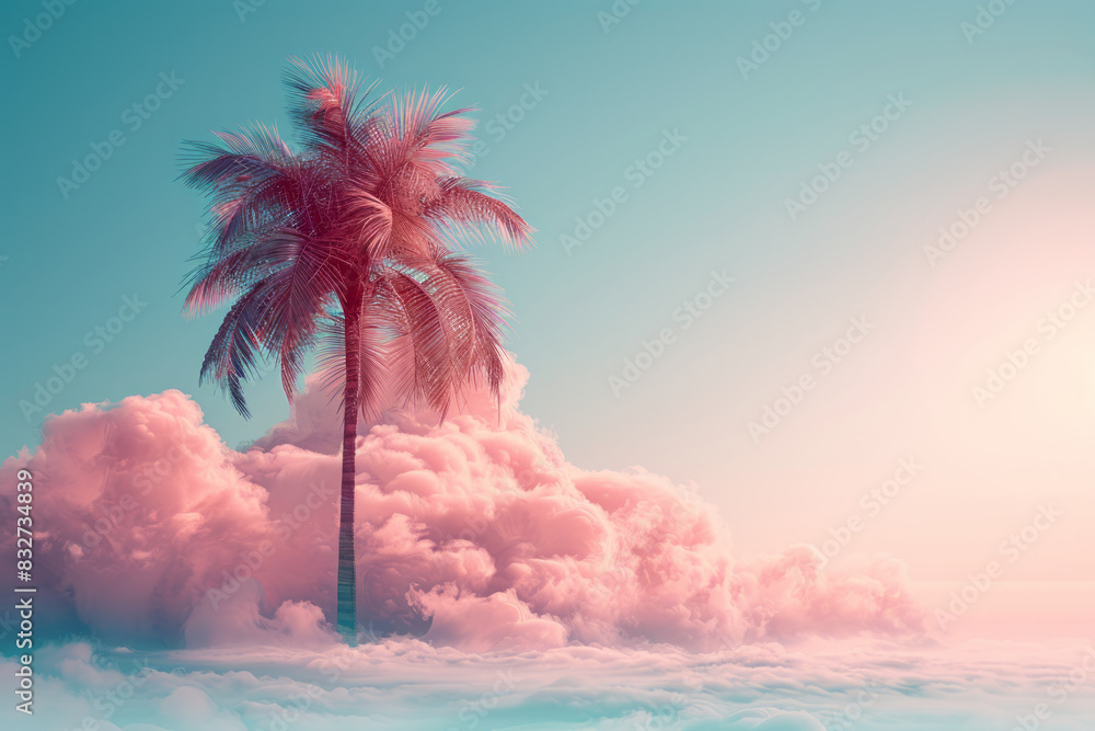 Poster a stylized palm tree with abstract leaves, sitting on a cloud against a gradient background,