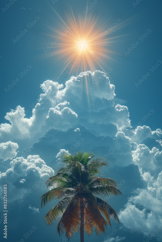Aufkleber a palm tree on a cloud, with minimalist sunrays streaming down from above,