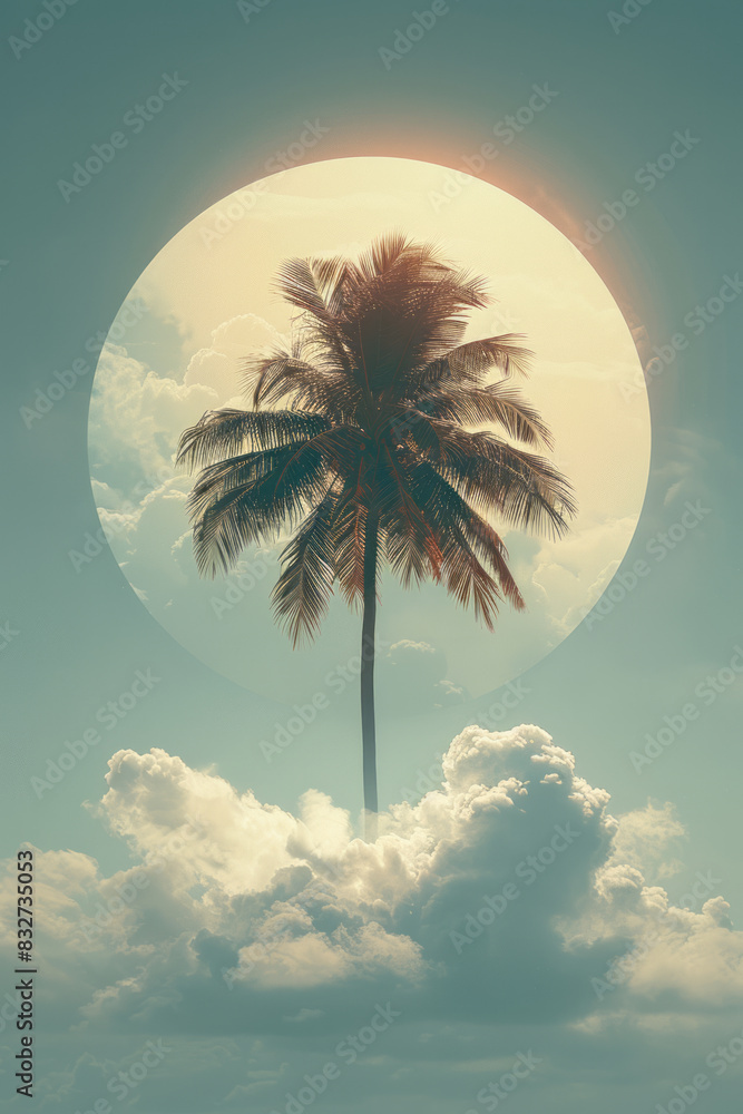 Aufkleber a minimalist composition of a palm tree on a cloud, framed by a simple circle,