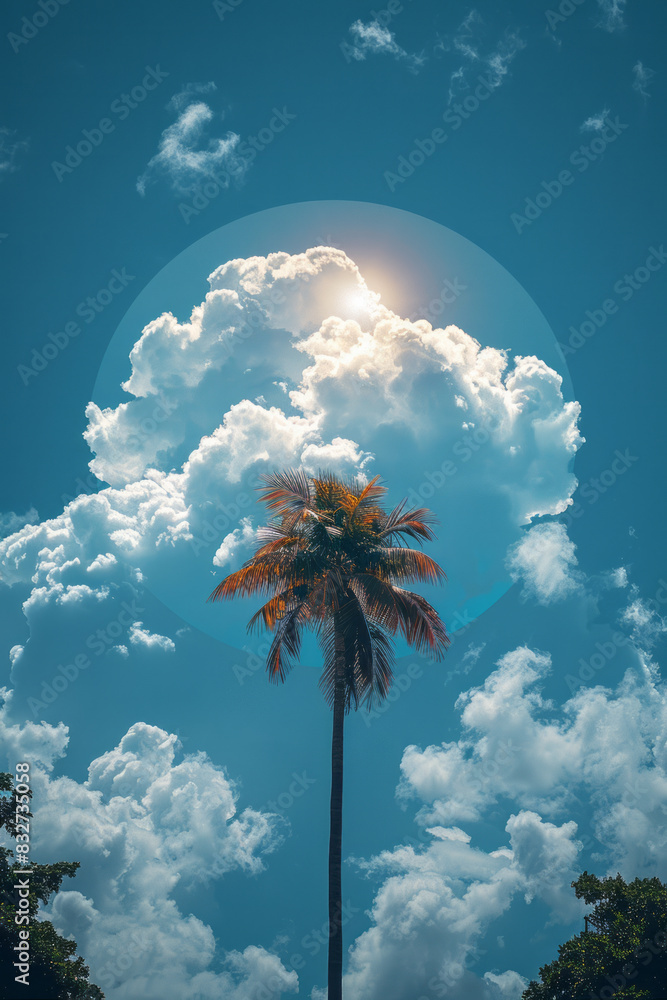 Aufkleber A minimalist composition of a palm tree on a cloud, framed by a simple circle,