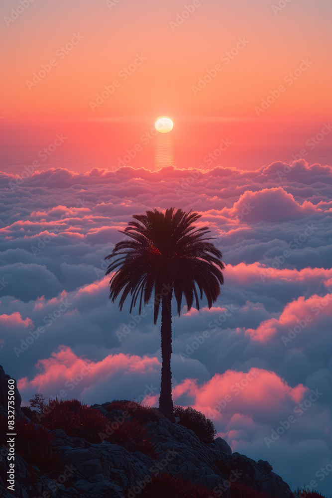 Aufkleber a minimalist composition of a palm tree on a cloud, framed by a simple circle,
